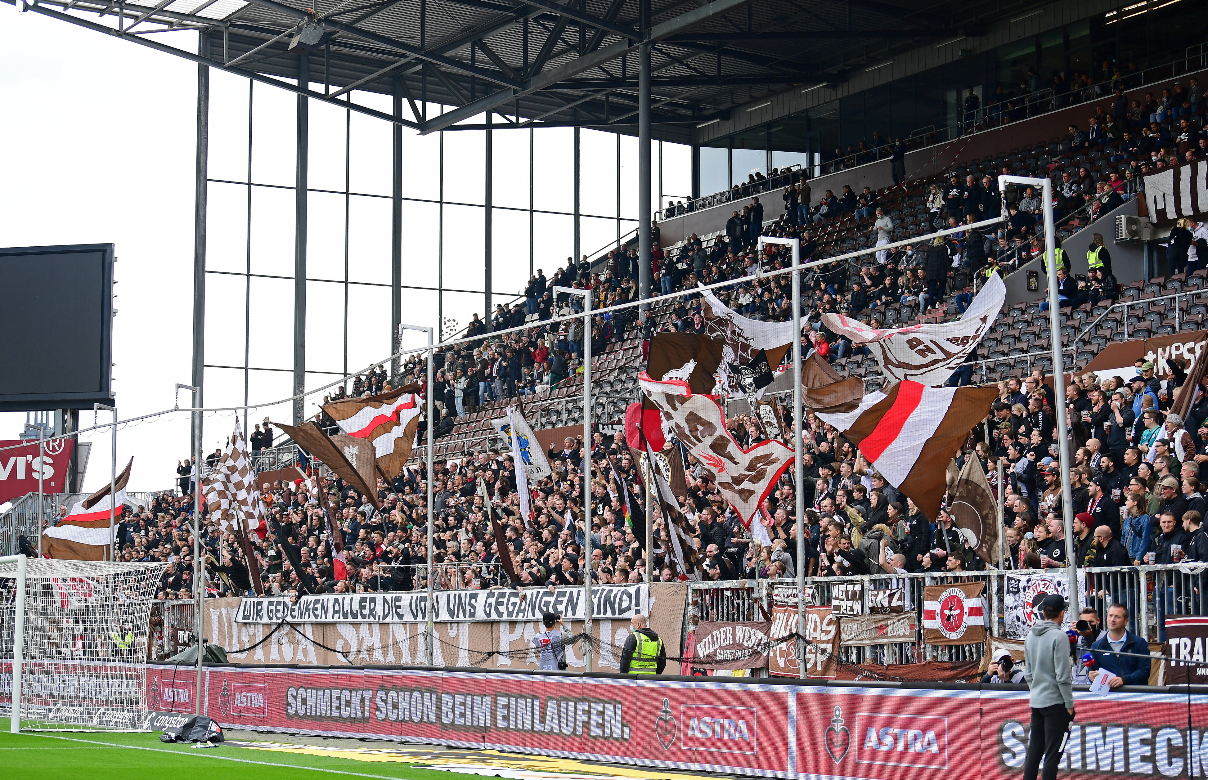 Packed at last: the standing section in the South Stand.