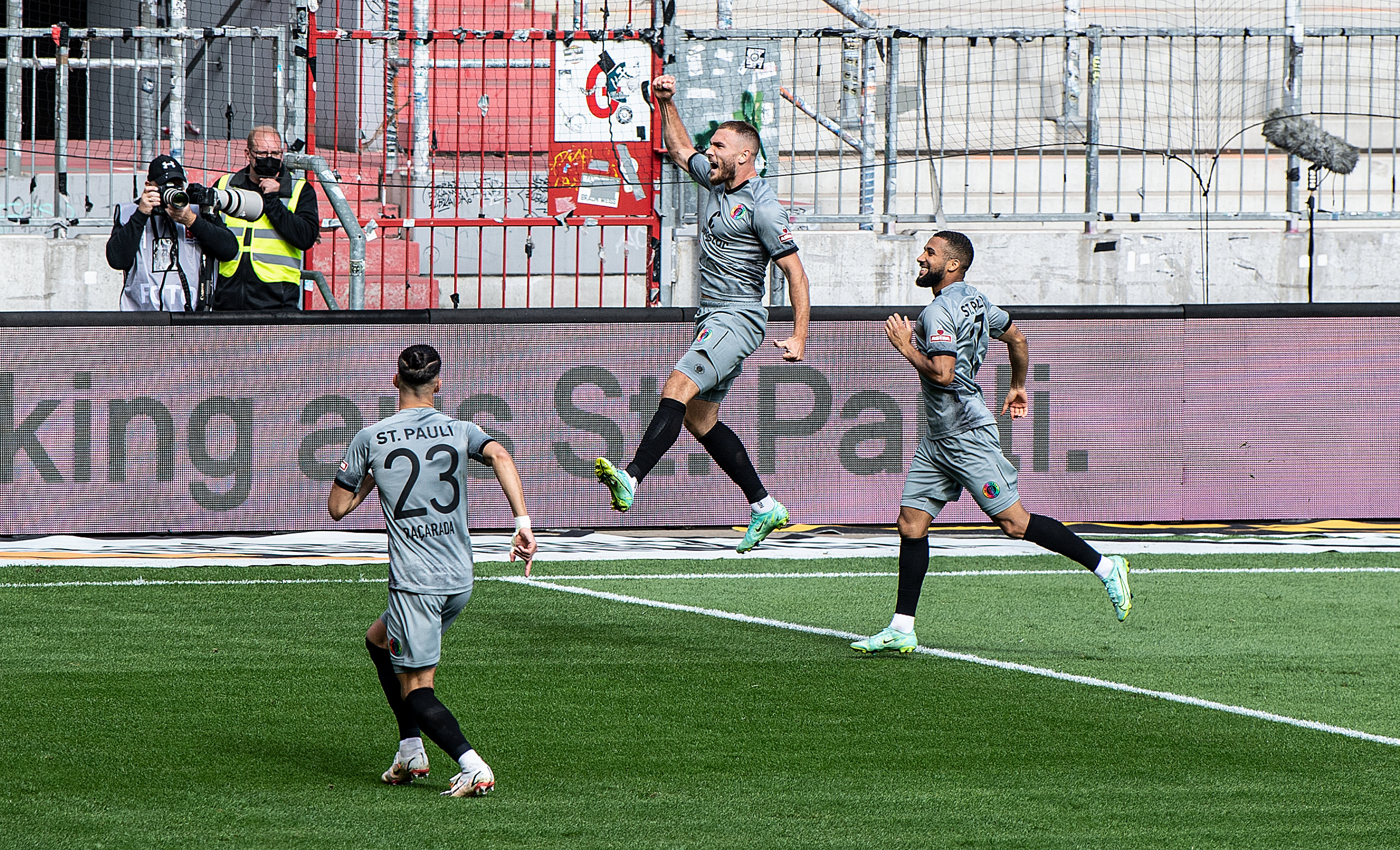 Maximilian Dittgen celebrates after heading his side two up against Ingolstadt.