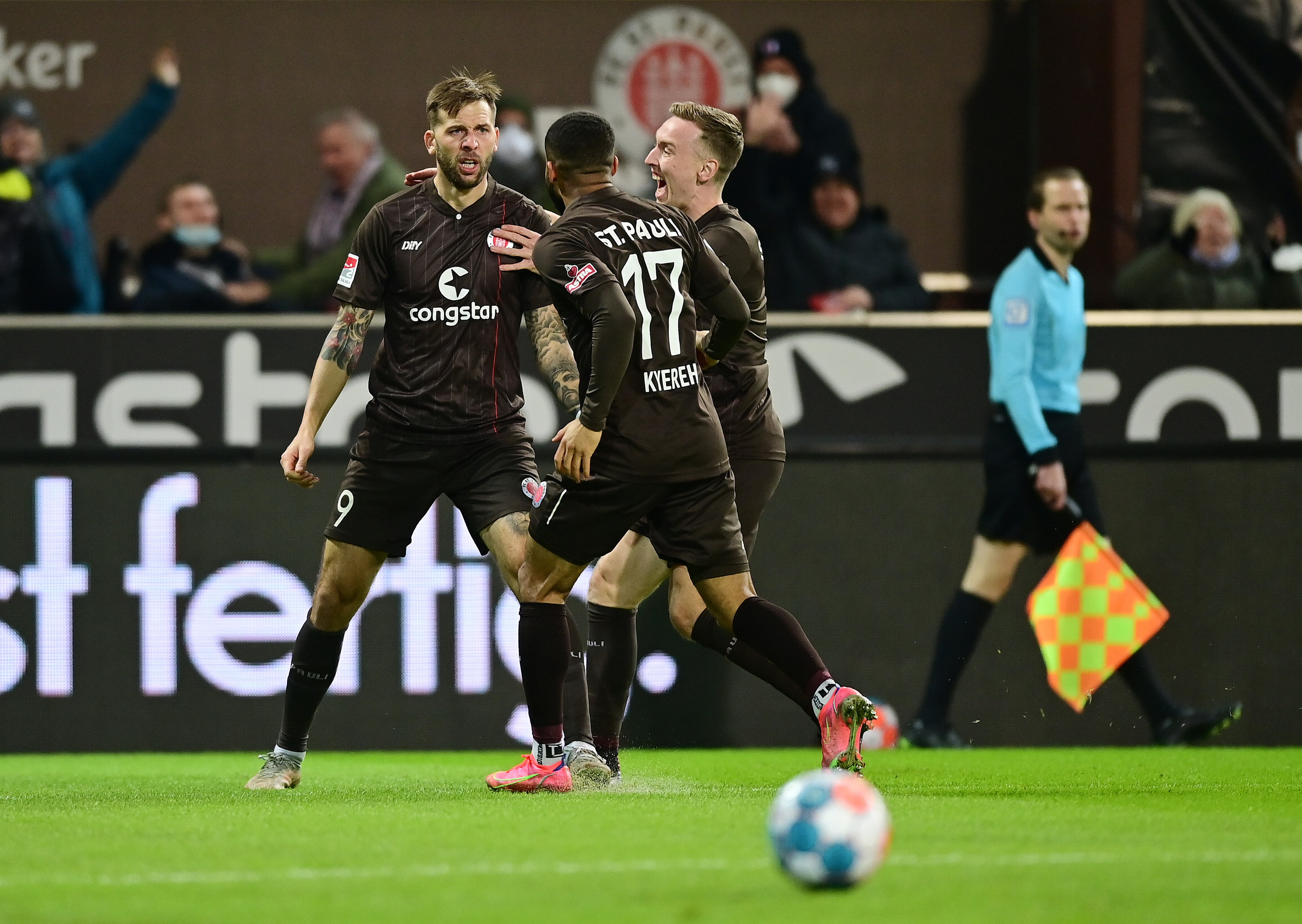 Sebastian Ohlsson and Daniel-Kofi Kyereh celebrate with Guido Burgstaller after his second-minute opener.