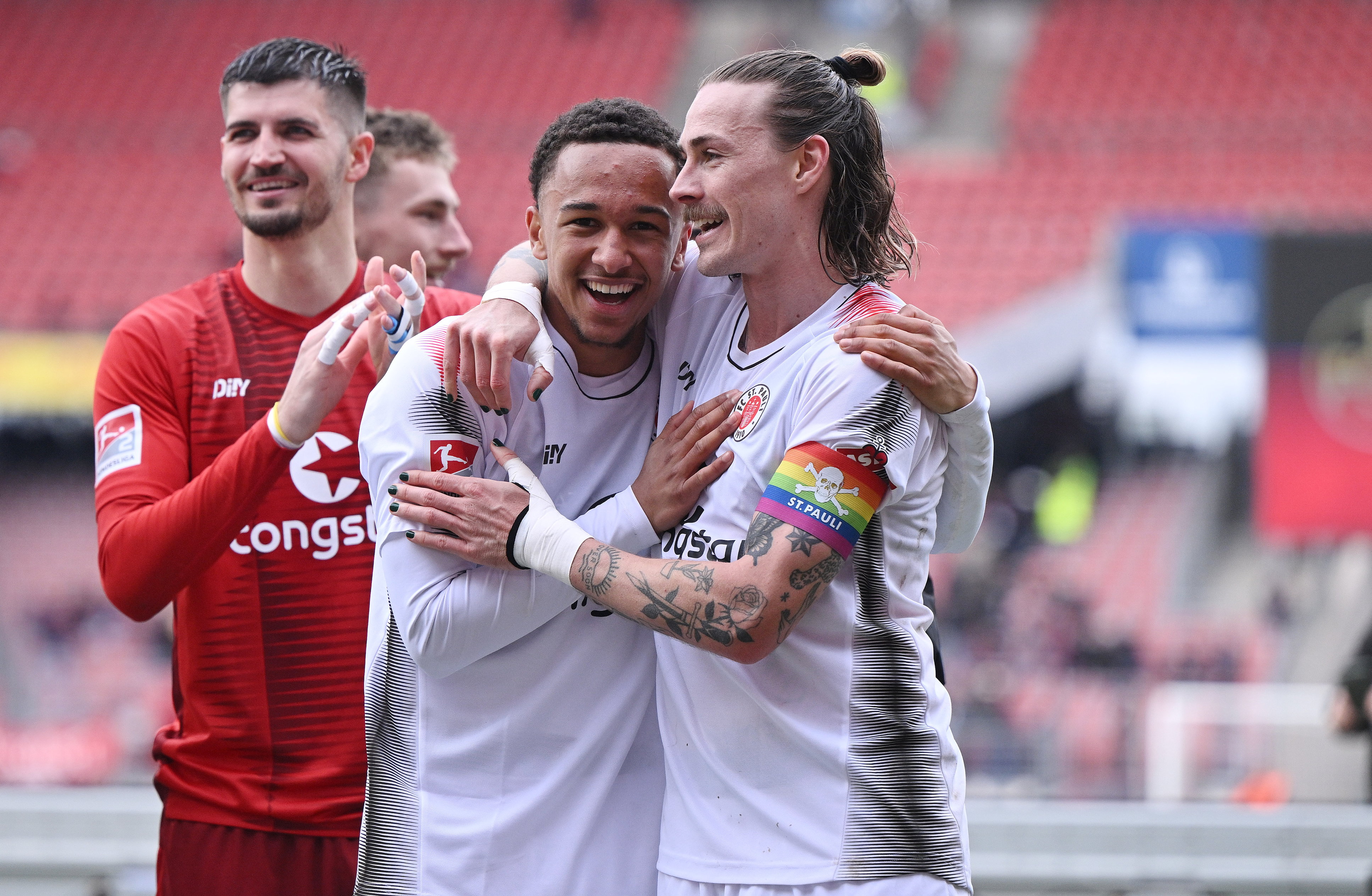 Eric da Silva Moreira celebrates another three points with captain Jackson Irvine and a successful debut in the 2-0 win at Nürnberg.