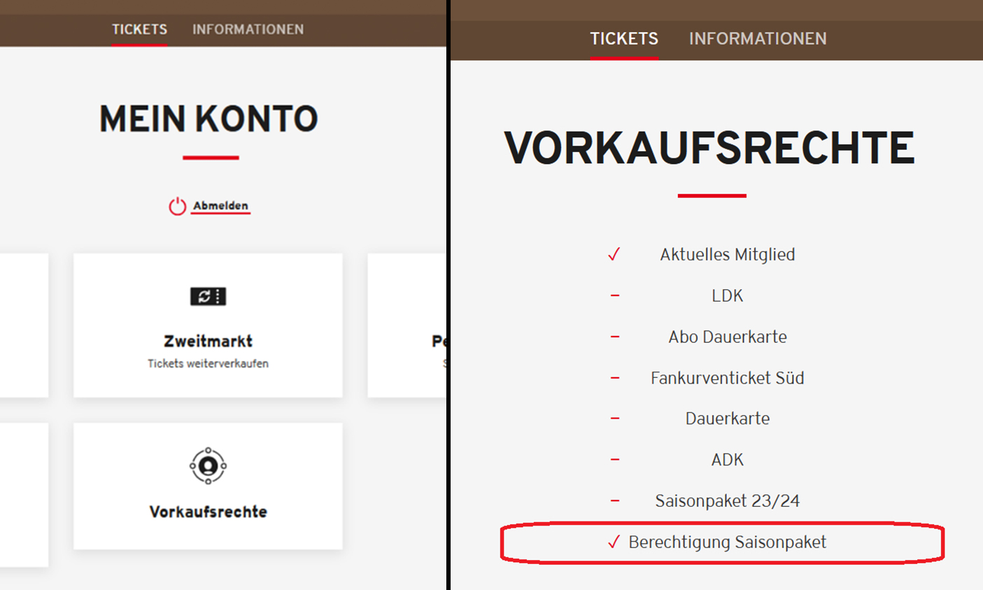 Es sind zwei Grafiken zu sehen, die im Ticket-Onlineshop die Bereiche "Mein Konto" und "Vorkaufsrechte" zeigen