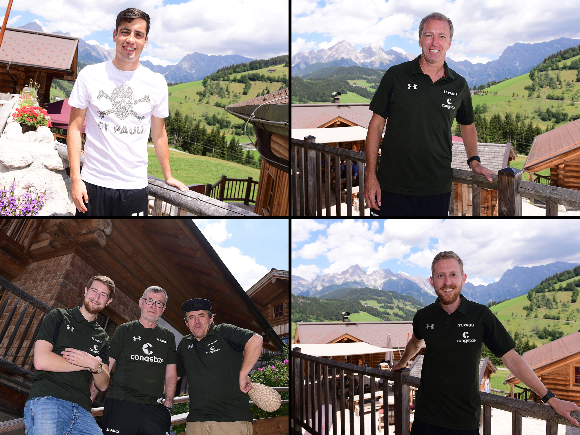 In der Mittagspause beim Fotoshooting: Teammanager Jonas Wömmel, Zeugwart Siegmar Krahl und Busfahrer Jens Peter Brose (unten links), Mittelfeldspieler Ersin Zehir (oben links), Co-Trainer André Trulsen (oben rechts) und Athletiktrainer Christoph Hainc (unten rechts).