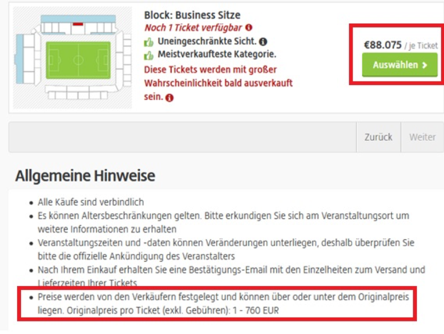 Screenshot von der Plattform Viagogo