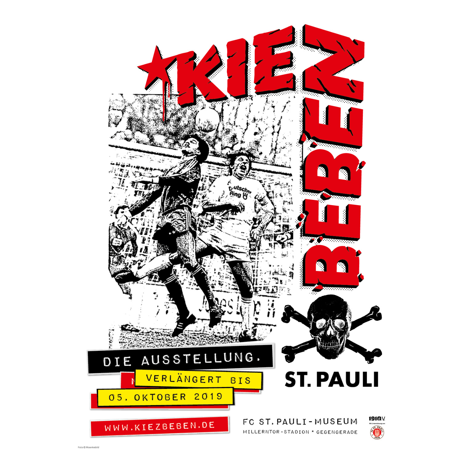 Die Ausstellung KIEZBEBEN ist bis einschließlich 5. Oktober immer Do+Fr von 16 bis 22 und Sa+So von 11 bis 19 Uhr im FC St. Pauli-Museum in der Gegengerade geöffnet.